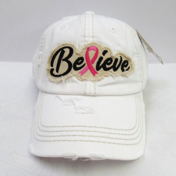 White Vintage Distressed Baseball Hat Cap Breast Cancer Awareness Believe Ribbon - Picture 1 of 4